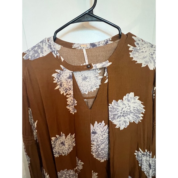 Free People Brown Floral Ballon Sleeve S Blouse Boho Oversized Top office siren - Picture 2 of 8